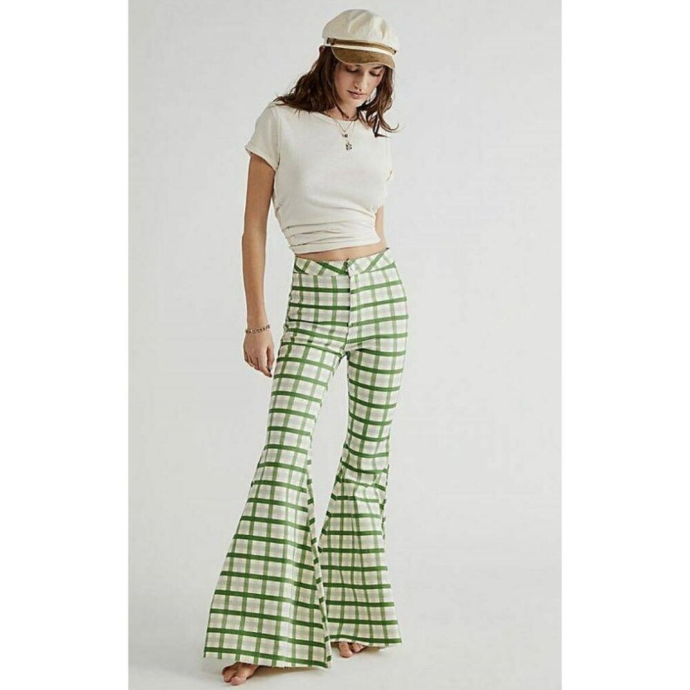 Free People Just Float On Printed Flare Jeans High Rise Green Plaid Size 29